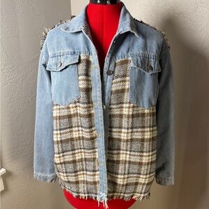 Denim Plaid Shacket Button Front Frayed Hem Blue Brown Oversized Small
